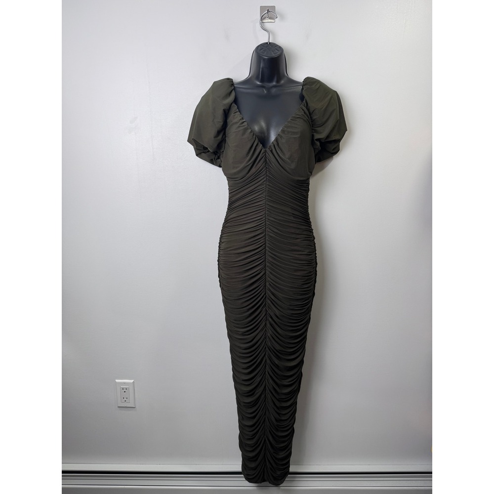 Ronny Kobo Lupine Maxi Dress Olive Green Ruched Puff Sleeve V-Neck Size Medium